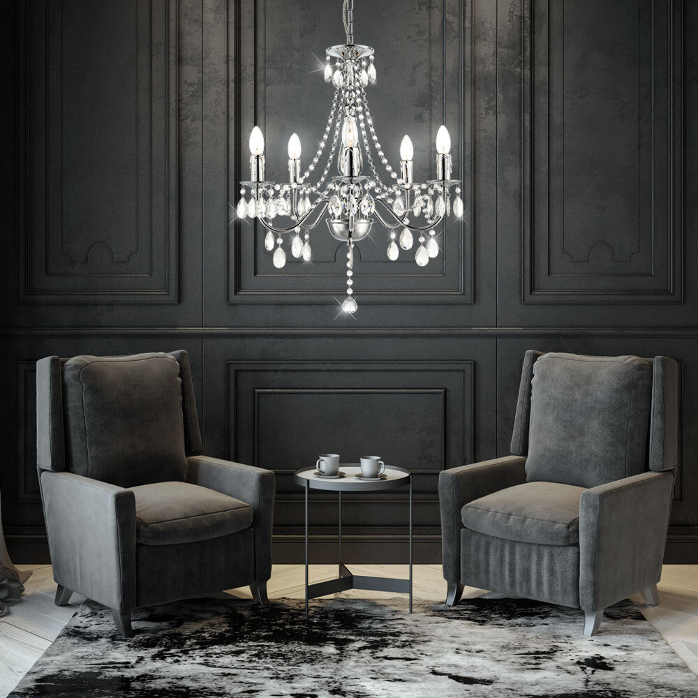 Maison Ornate Elegant 5-Branch Crystal Chrome Chandelier with intricate crystal details and polished chrome finish.