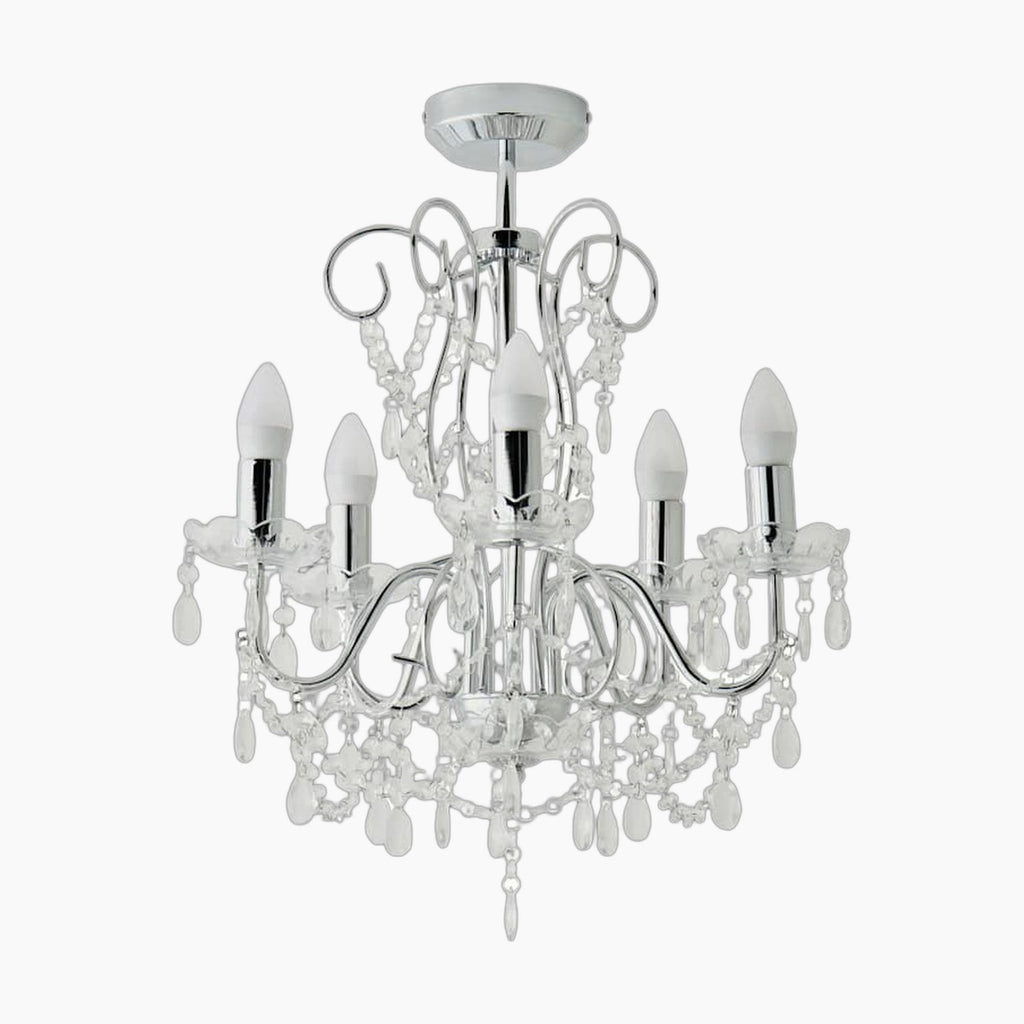 Maison Ornate Chrome Crystal Chandelier with five K5 glass arms, candle bulbs, and hanging crystals.