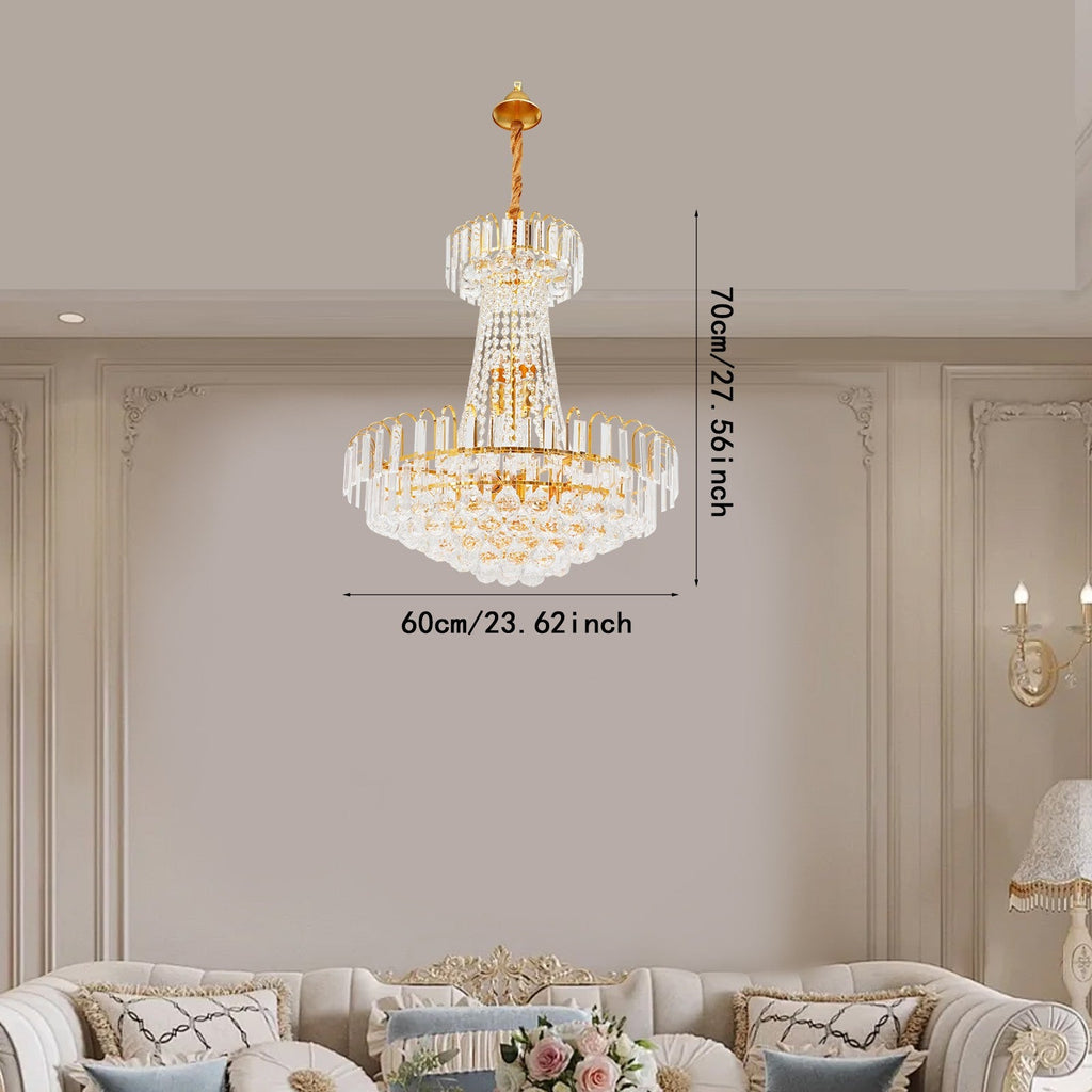 Maison Ornate Empire Style chandelier featuring gold tassels and crystals, 70cm tall, 60cm wide.