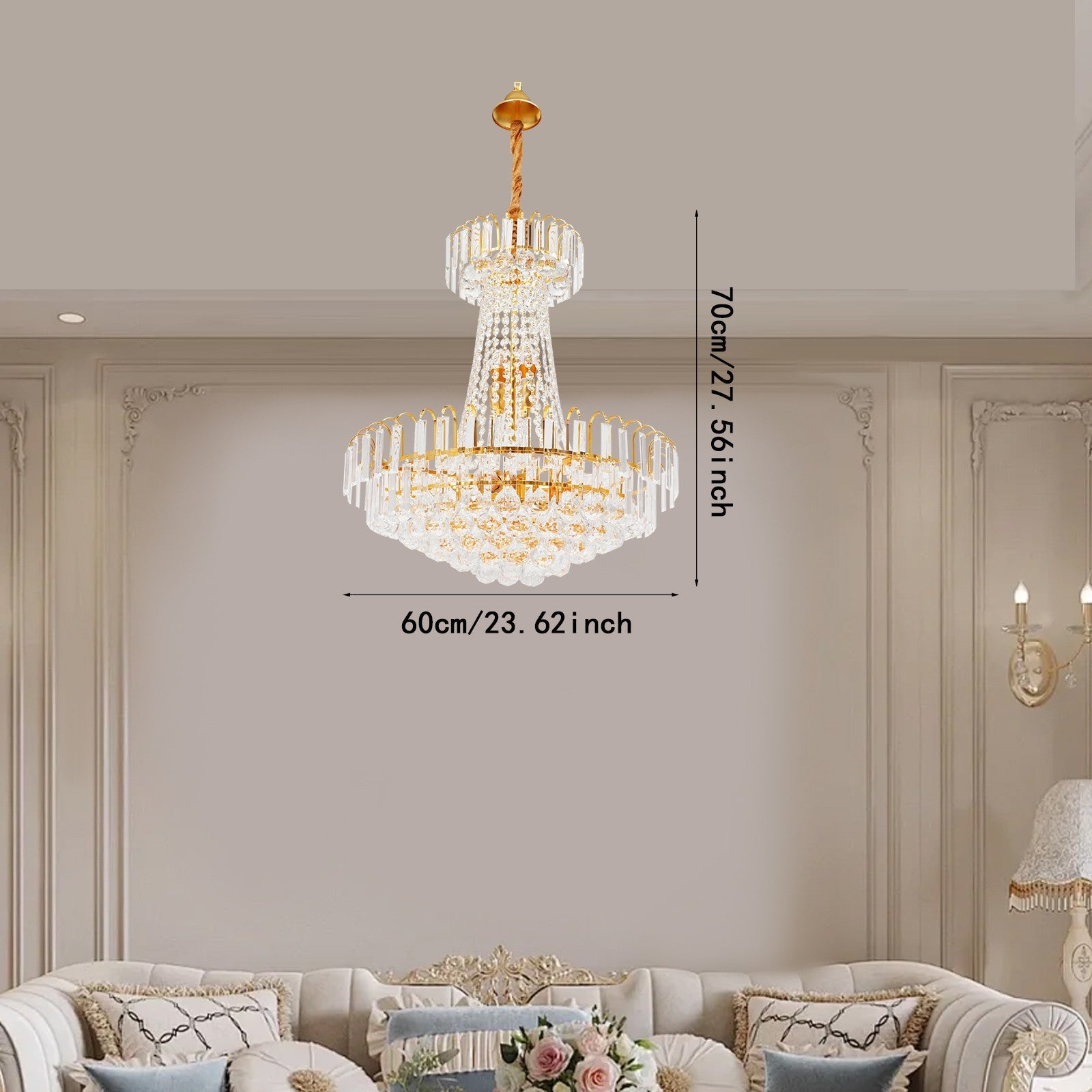Maison Ornate Empire Style chandelier featuring gold tassels and crystals, 70cm tall, 60cm wide.