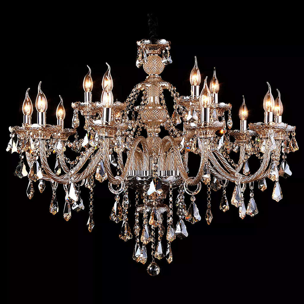 Maison Ornate K9 Crystal Champagne Multi-Arm Chandelier with candle lights, gold arms, and hanging crystal droplets.