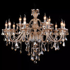 Maison Ornate K9 Crystal Champagne Multi-Arm Chandelier with candle lights, gold arms, and hanging crystal droplets.