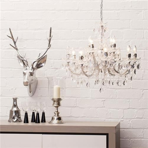Maison Ornate Art Deco Crystal Chandelier with chrome arms, elegant modern design, sparkling crystal details.