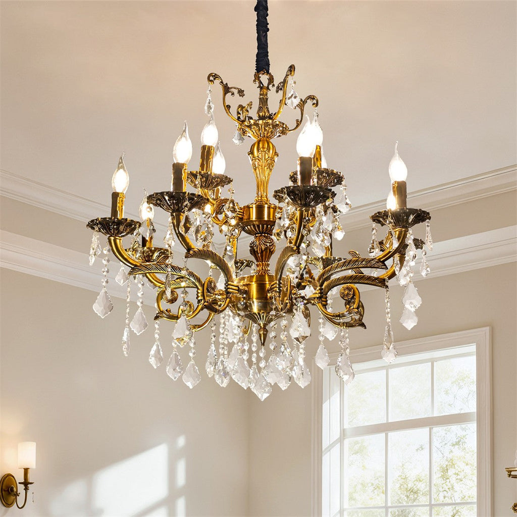 Maison Ornate Antique Crystal Chandelier with 12 brass arms and crystal detailing, elegant and luxurious.