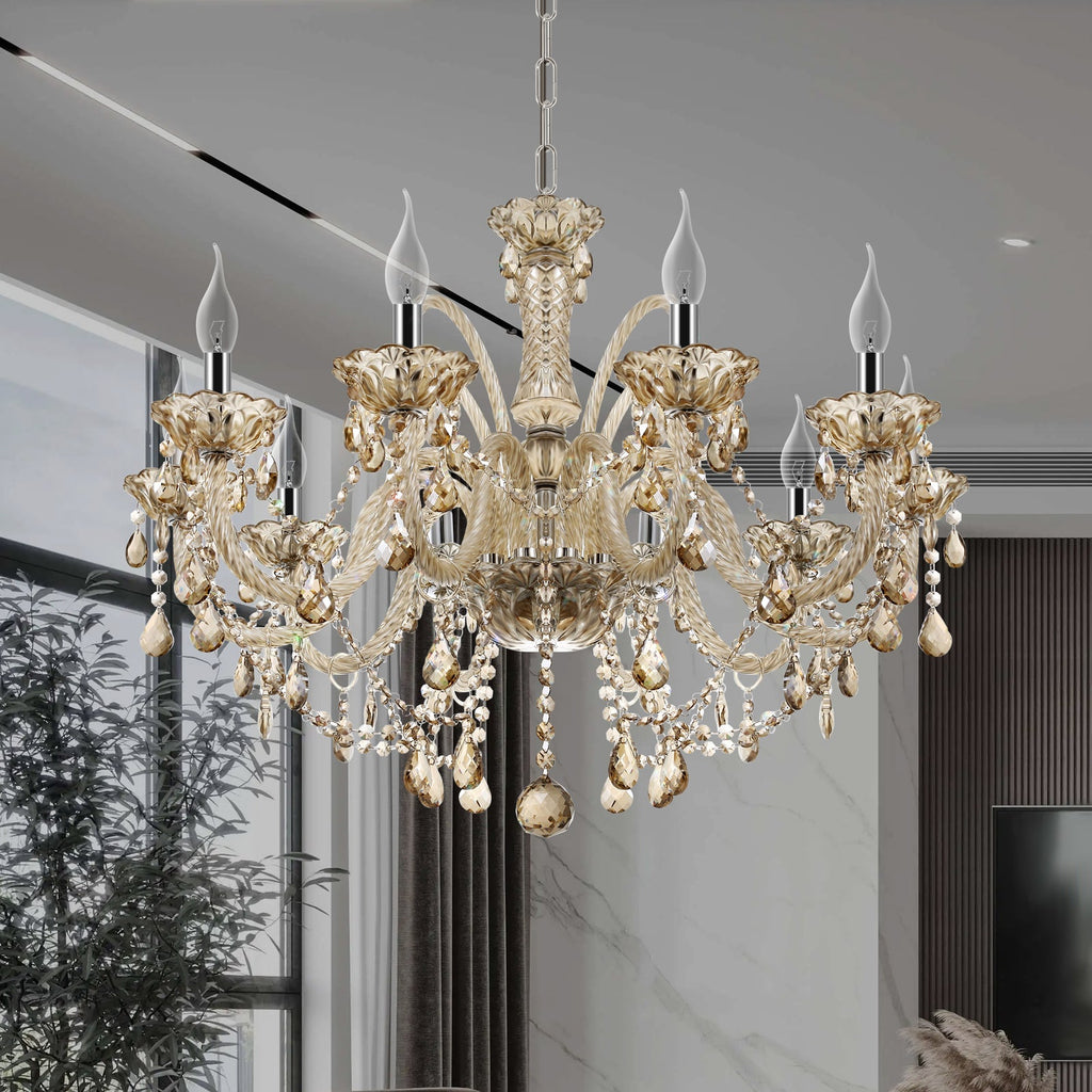The Maison Ornate Crystal Chandelier has 10 arms and crystal pendants on an elegant metal frame.