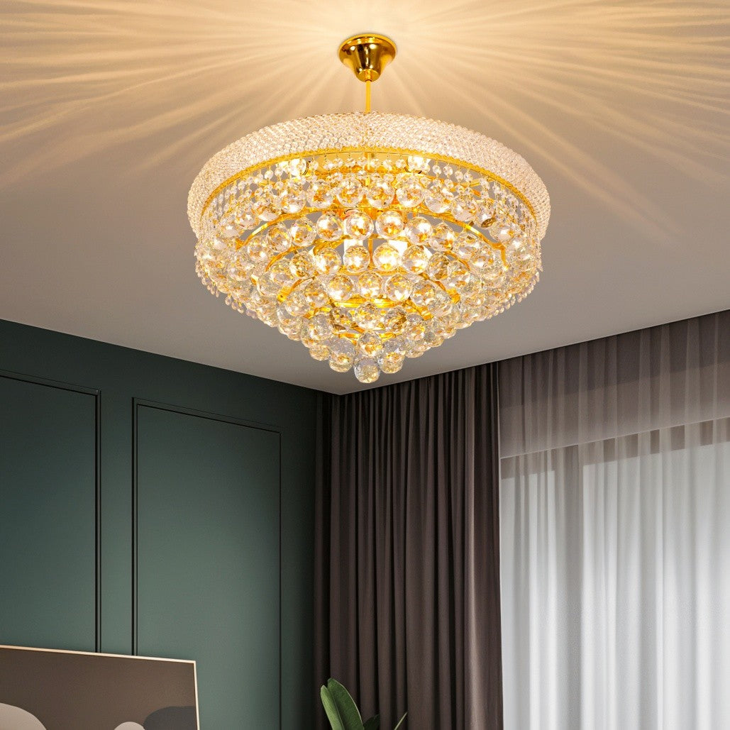 Maison Ornate Elegant Empire Style gold crystal hallway chandelier with intricate crystal detailing, suspended from ceiling.