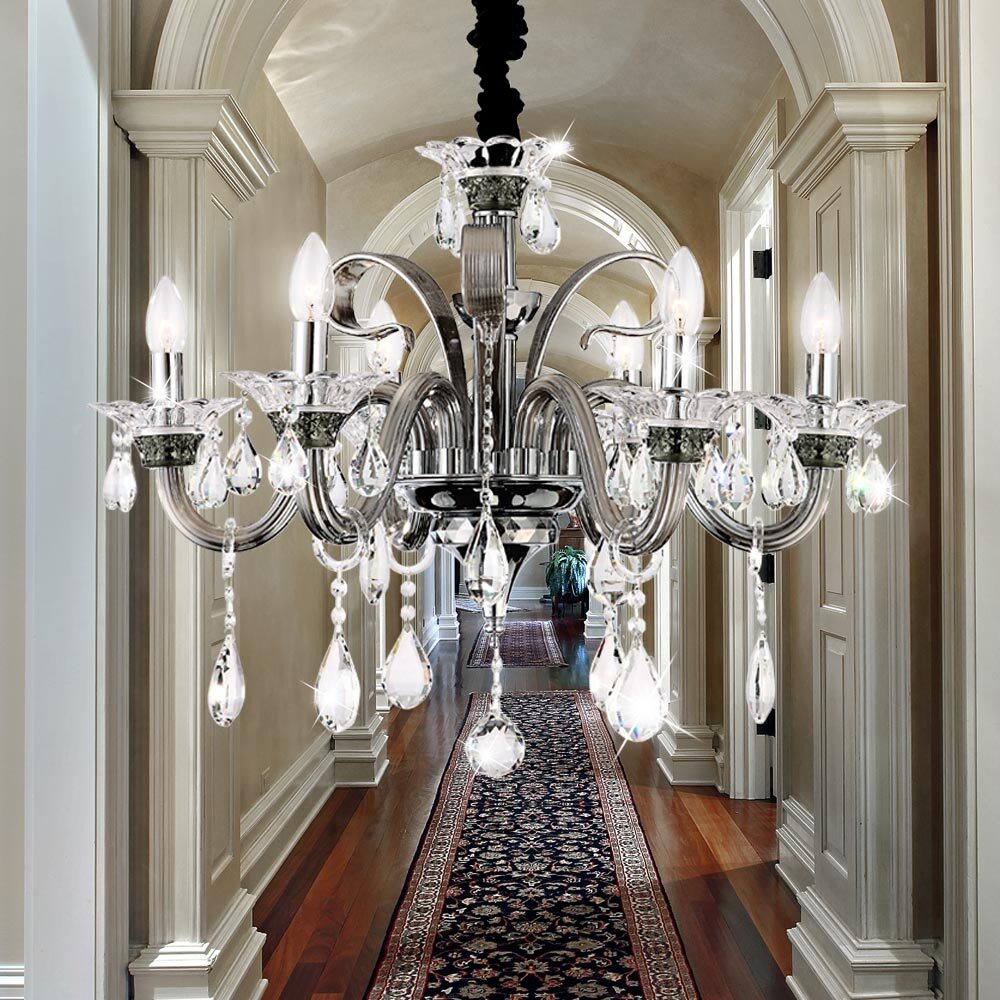 Maison Ornate Crystal Chandelier Classic Design Chrome 6 Lights, elegant multi-arm crystal lighting fixture.