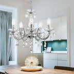 Maison Ornate Elegant Crystal Pendant Light in chrome with intricate crystal accents, modern chandelier design.