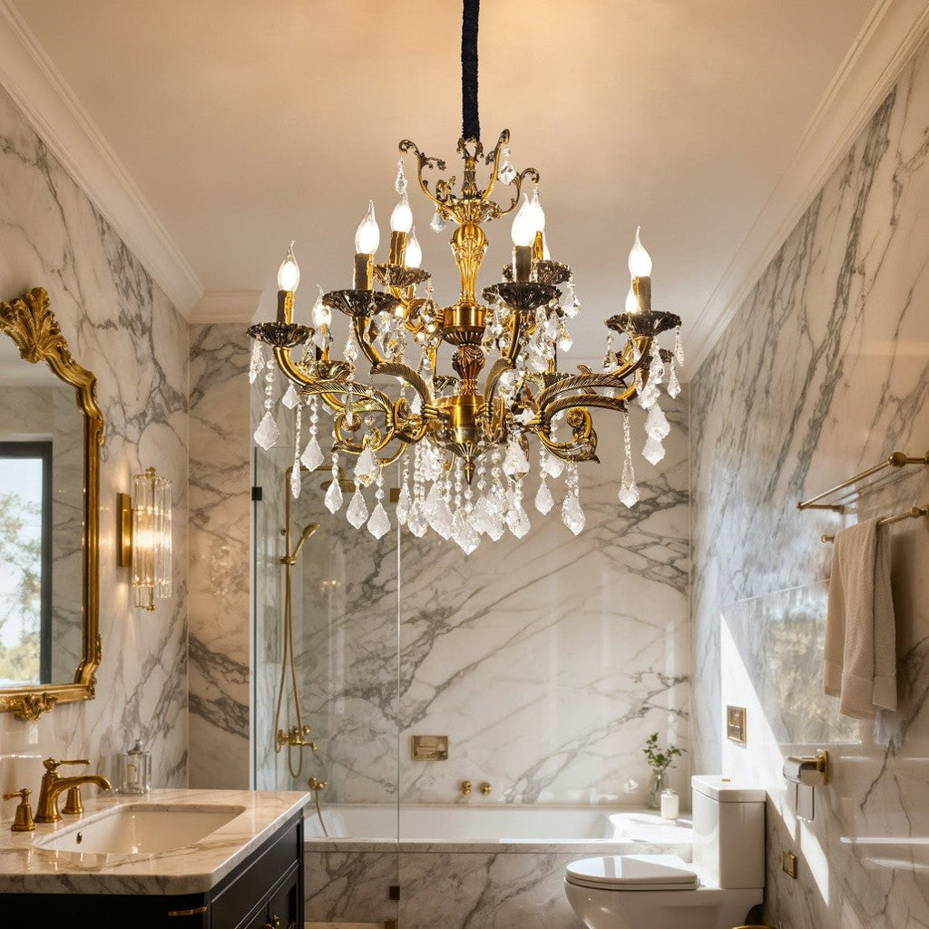 Maison Ornate Gold Multi-Arm Crystal Chandelier in modern style with sparkling crystal details.