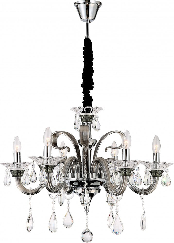 Maison Ornate Crystal Chandelier with chrome finish, six E14 bulbs, curved arms, and teardrop crystals.