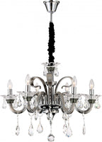Maison Ornate Crystal Chandelier with chrome finish, six E14 bulbs, curved arms, and teardrop crystals.