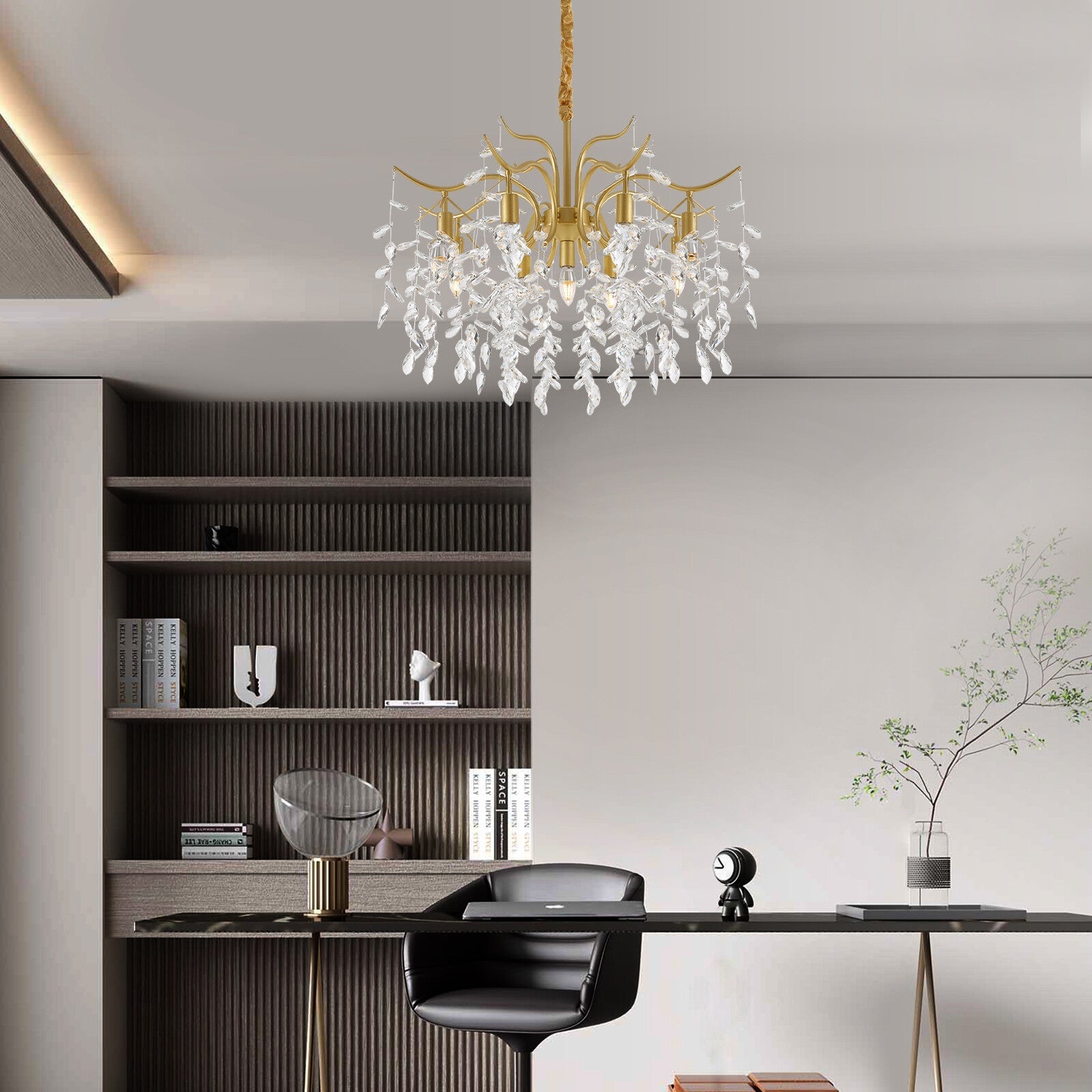Maison Ornate Crystal Chandelier features a modern gold branch design with elegant hanging crystals.