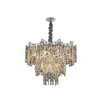 Cascading crystal prisms, wavy chrome frame, dark cord; striking dimmable LED chandelier.