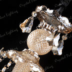 Maison Ornate K9 Crystal Champagne Chandelier with faceted glass, hanging beads, and intricate metalwork detailing.