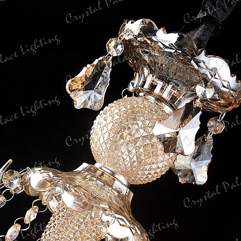 Maison Ornate K9 Crystal Champagne Chandelier with faceted glass, hanging beads, and intricate metalwork detailing.