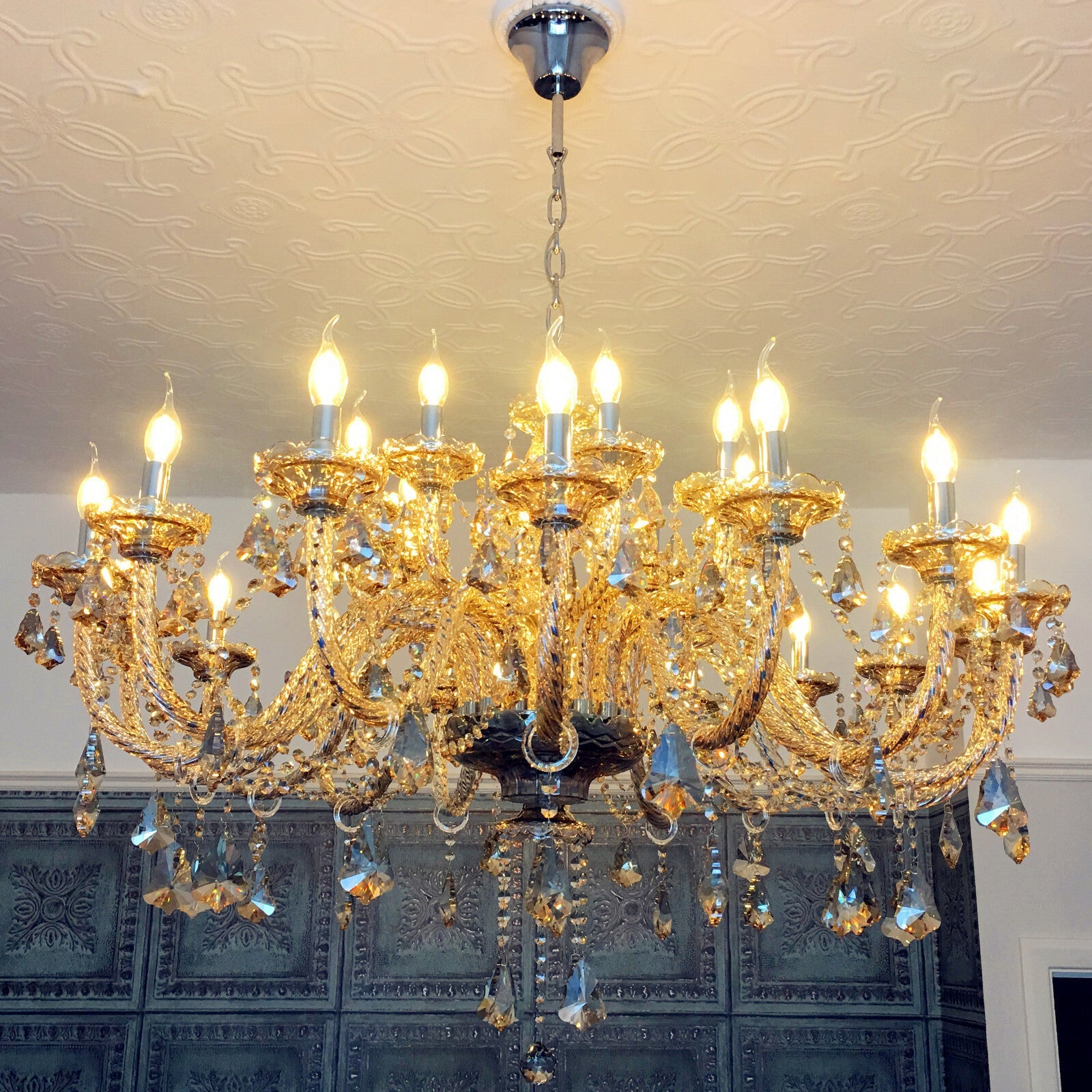 Maison Ornate K9 Crystal Champagne Chandelier with gold accents, sparkling prisms, and multiple arms.