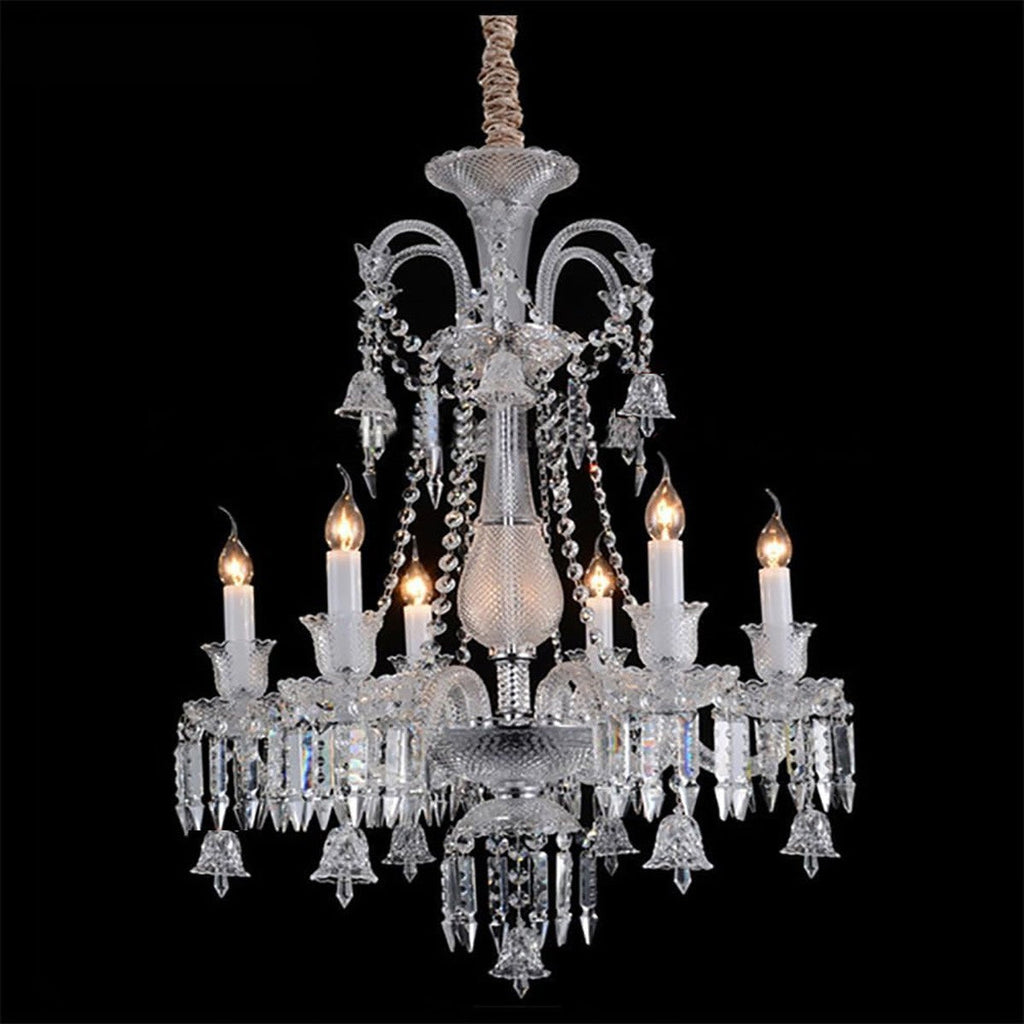 Maison Ornate Crystal Chandelier with 6/8/10 glass arms, E14 bulbs, and hanging crystal prisms.