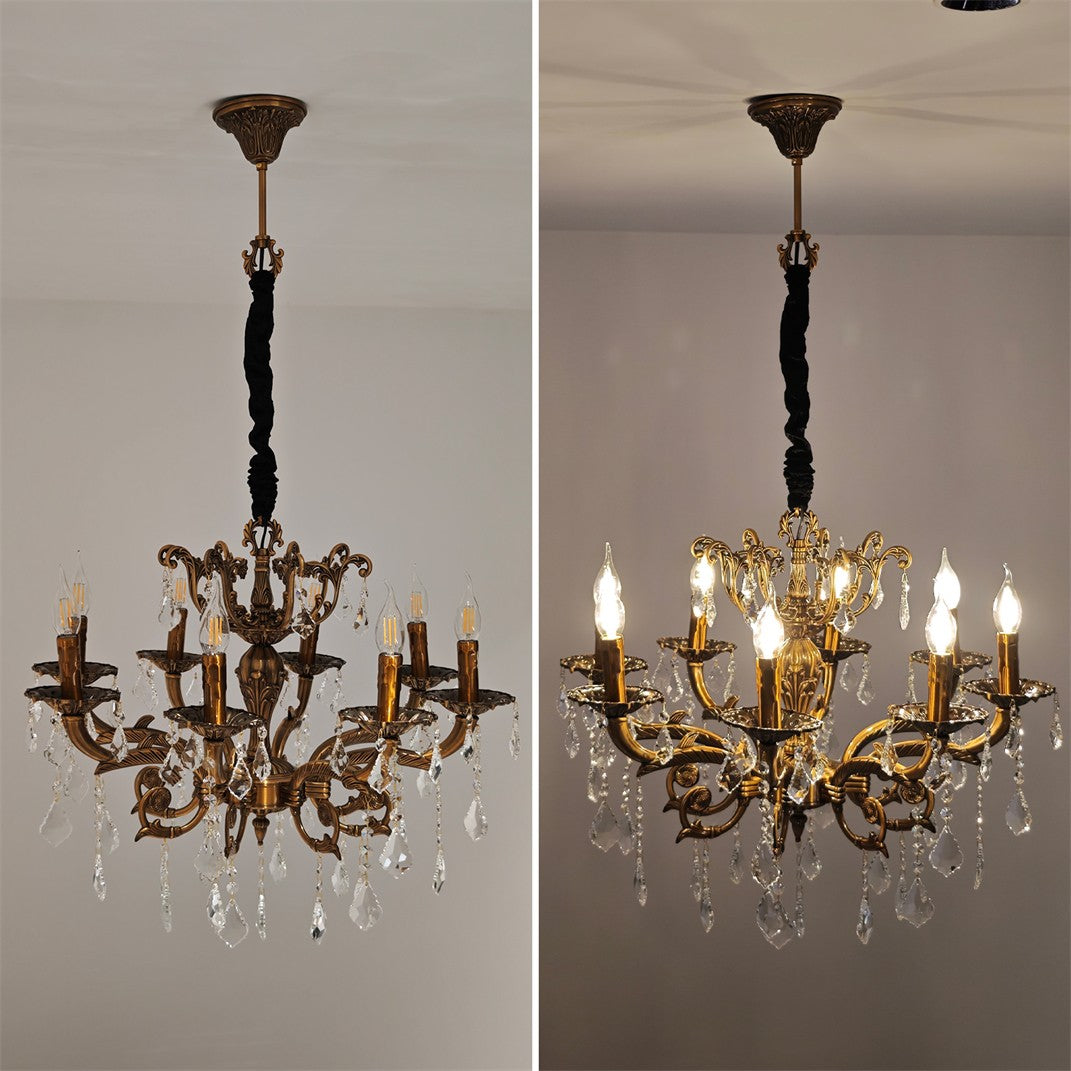 Pair of Maison ornate antique crystal chandeliers, 12-arm brass structures; left unlit, right illuminated.