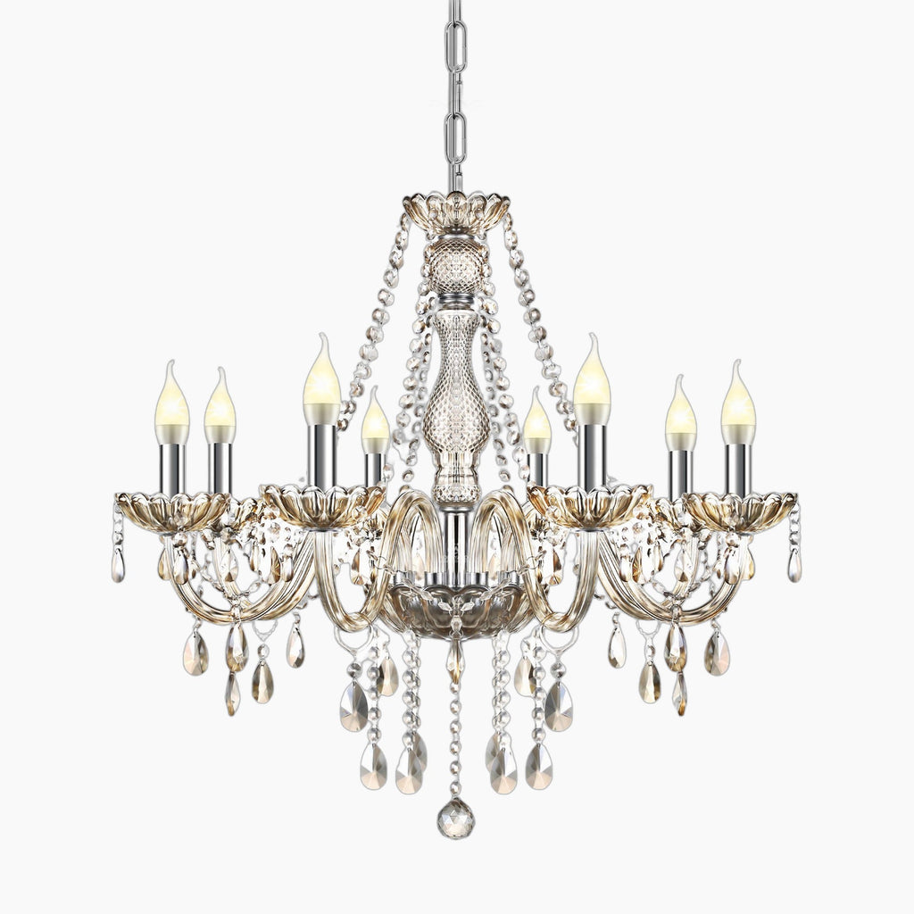Maison Ornate 8-arm chandelier with glass elements, candle lights, and sparkling crystal beads.