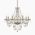 Maison Ornate 8-arm chandelier with glass elements, candle lights, and sparkling crystal beads.