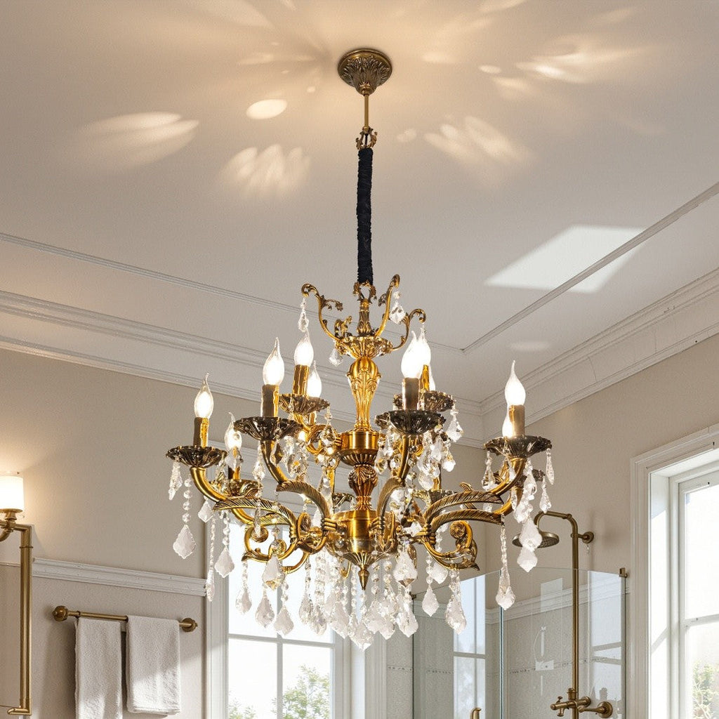 The Maison Ornate Gold Multi-Arm Crystal Chandelier with E14 bulbs and crystal accents, elegant and modern.