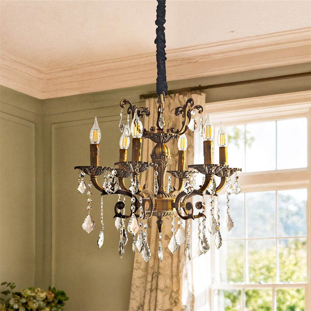 Maison Ornate vintage bronze chandelier with six lights and crystal pendants, elegant hallway lighting.