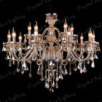 Candle-style bulbs on ornate arms with shimmering crystals define this elegant multi-arm chandelier.