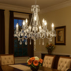 Maison Ornate Nine-Light Crystal Chandelier with chrome finish; elegant, cascading crystals create dazzling illumination.