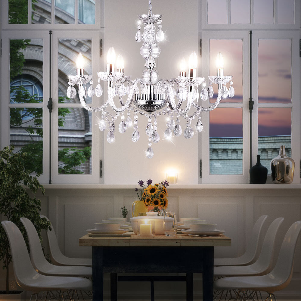 Maison Ornate Crystal Dining Room Chandelier with clear tassels and chrome frame, elegant, contemporary design.