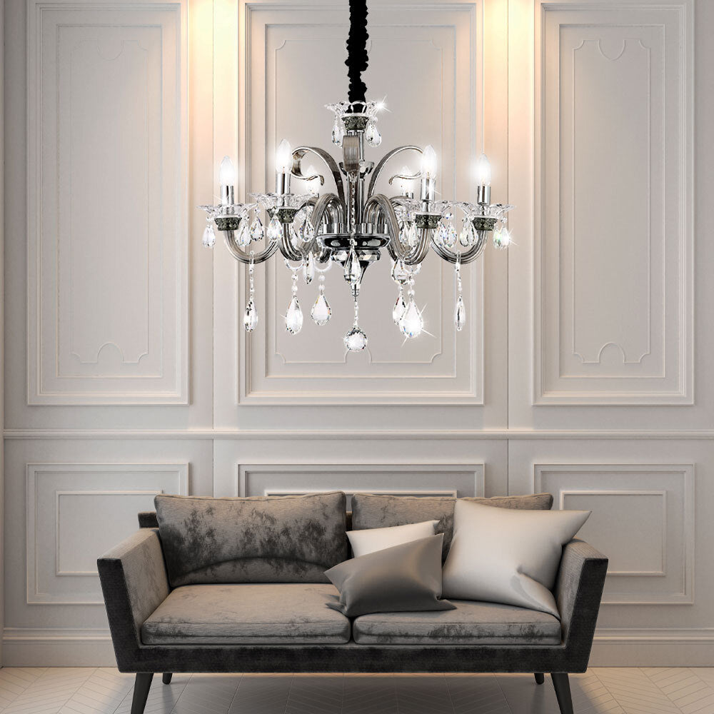 Maison Ornate Crystal Chandelier features classic design, chrome finish, and six radiant lights.