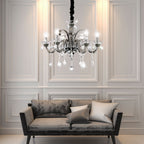 Maison Ornate Crystal Chandelier features classic design, chrome finish, and six radiant lights.