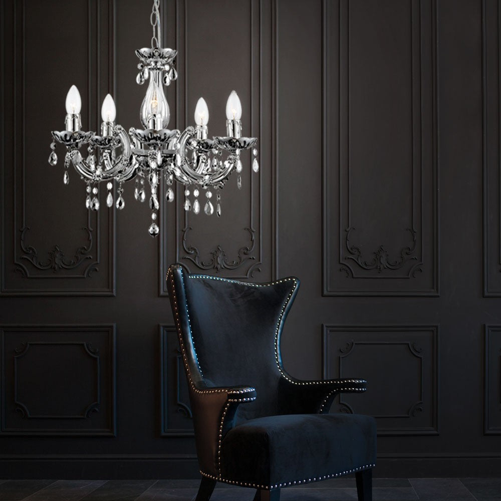 Maison Ornate chrome LED crystal chandelier with remote, elegant design featuring sparkling crystal accents.