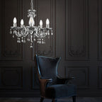 Maison Ornate chrome LED crystal chandelier with remote, elegant design featuring sparkling crystal accents.