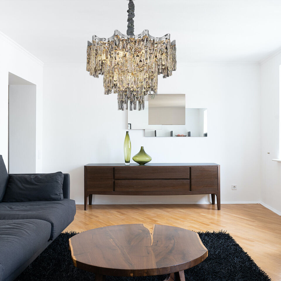 Maison Ornate Dimmable LED Industrial Crystal Chrome Metal Lustre chandelier with intricate industrial crystal detailing.