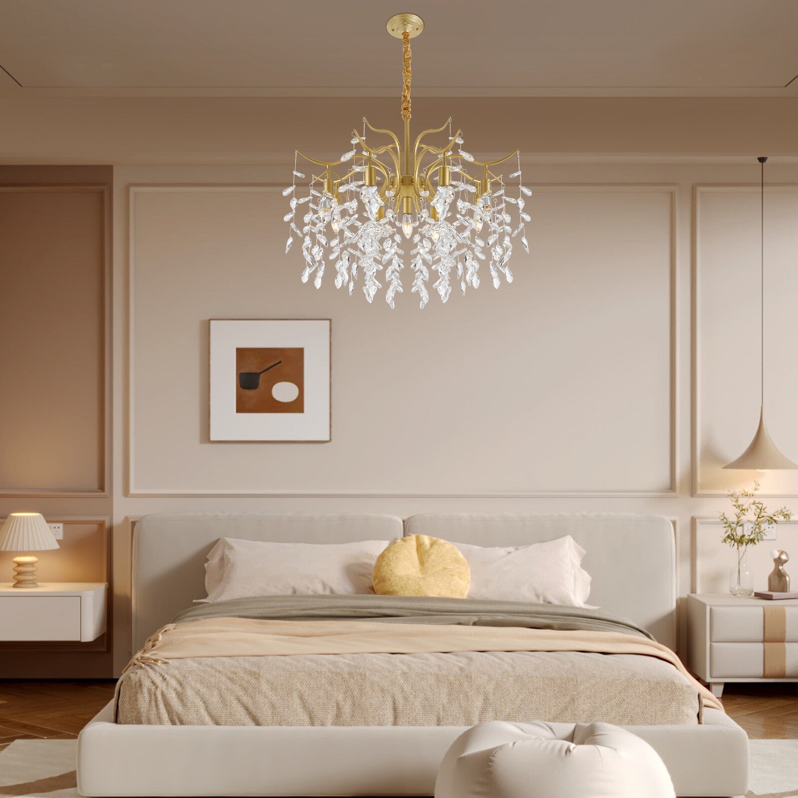 Maison Ornate Crystal Chandelier in modern gold branch design with sparkling K9 crystals, elegant and luxurious.
