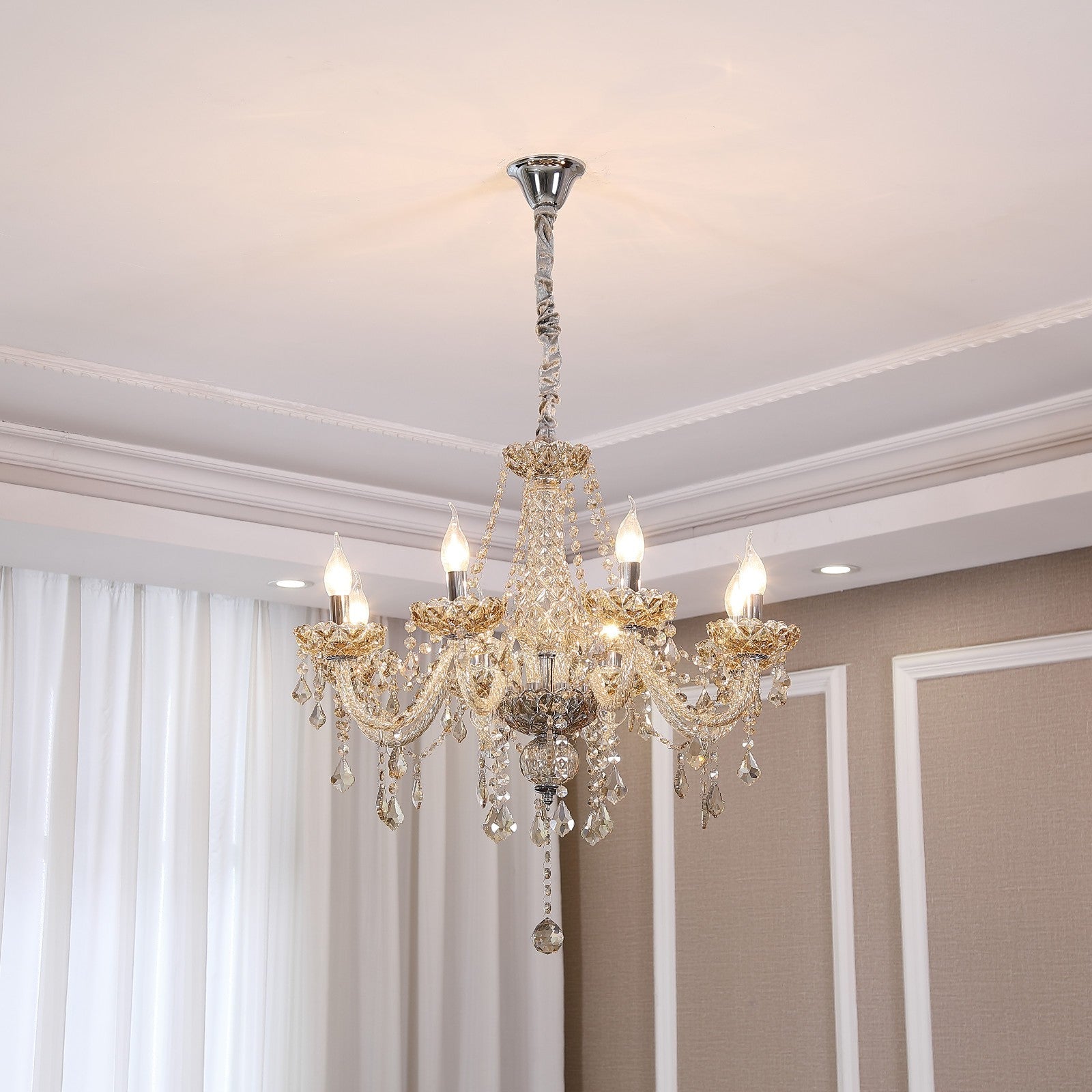 Maple leaf-inspired K9 crystal chandelier with gold accents, glass prisms, E14 bulbs; elegant and ornate.