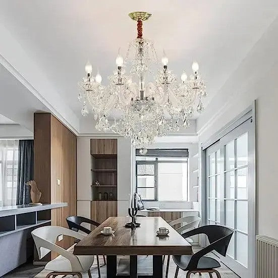Maison Ornate Elegant 6-Arm Crystal Dining Room Chandelier with sparkling crystals and intricate metal detailing.