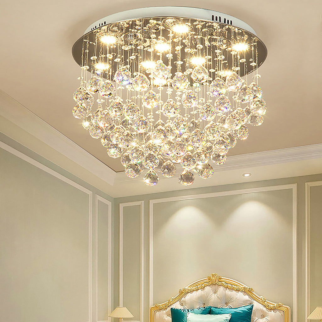 Maison Ornate Round LED Crystal Ball Chandelier with 9 sparkling orbs, modern and elegant design.