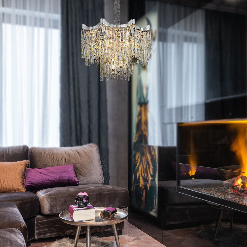 Maison Ornate’s Dimmable LED Industrial Crystal Chrome Metal Lustre chandelier, elegant and modern lighting fixture.