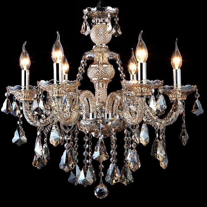 Maison Ornate K9 Crystal Champagne Multi-Arm Chandelier with six candle bulbs and hanging crystal pendants.