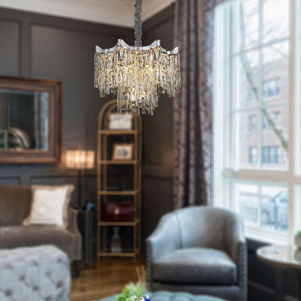 Maison Ornate Dimmable LED Industrial Crystal Chrome Metal Lustre chandelier with dangling crystals shines elegantly.