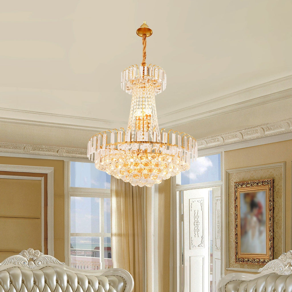 Maison Ornate Empire Style gold tassel crystal chandelier with intricate detailing and elegant crystal accents.