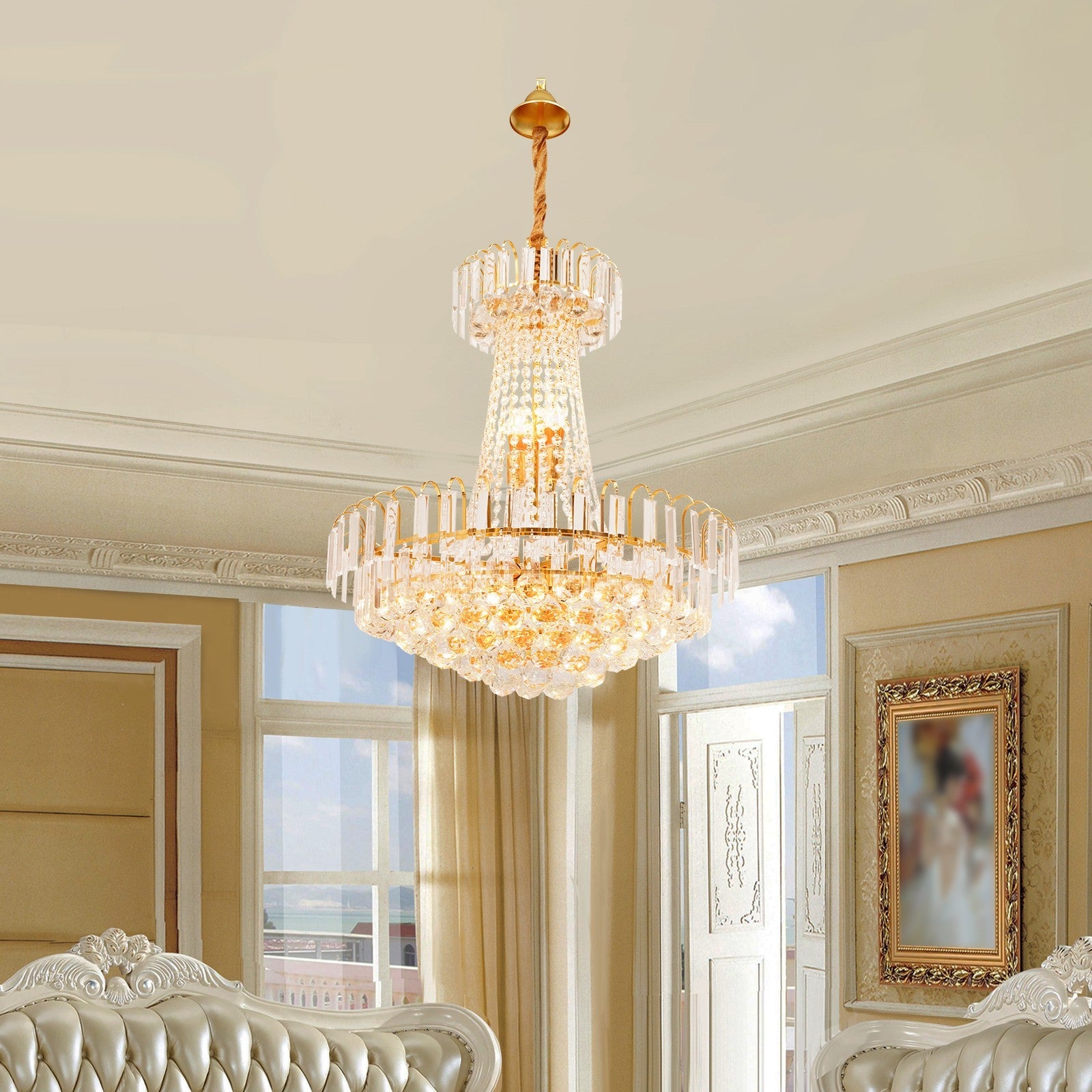 Maison Ornate Empire Style gold tassel crystal chandelier with intricate detailing and elegant crystal accents.
