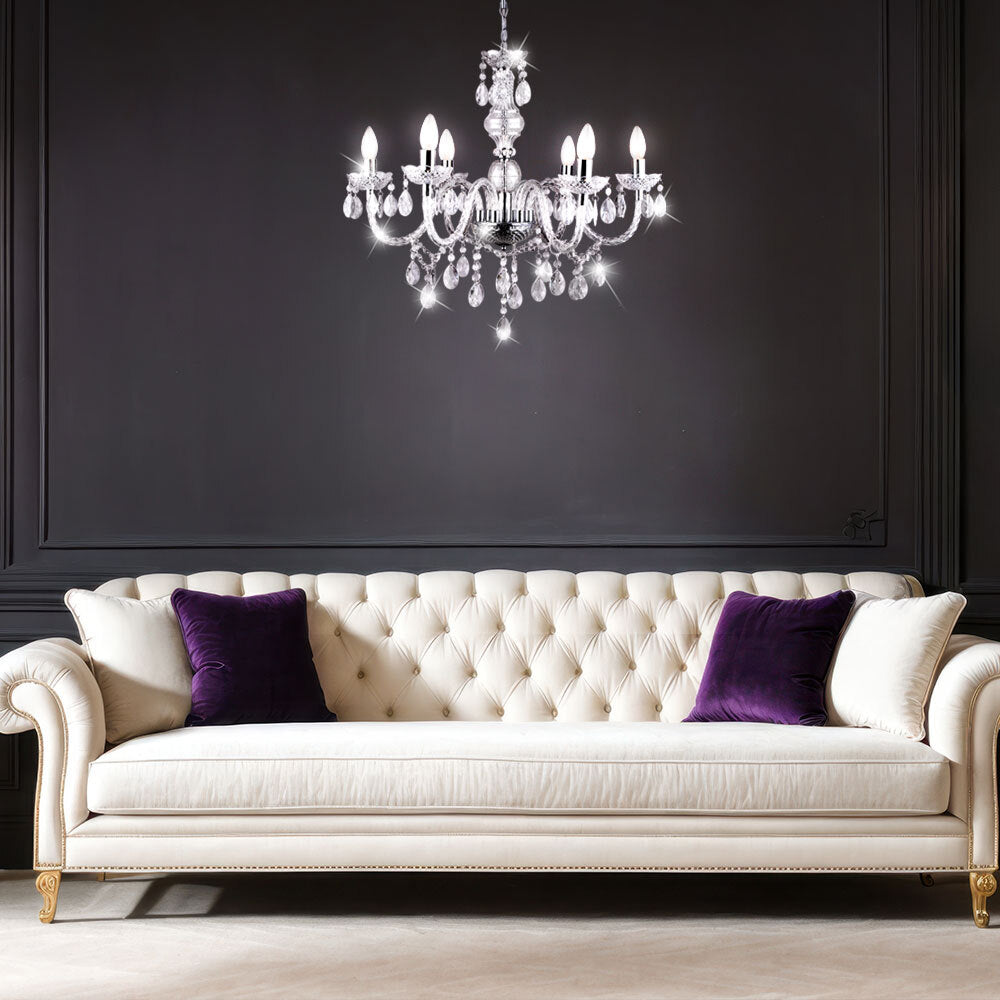 Maison Ornate Elegant Five-Arm Crystal Chandelier with shimmering chrome and crystal accents.