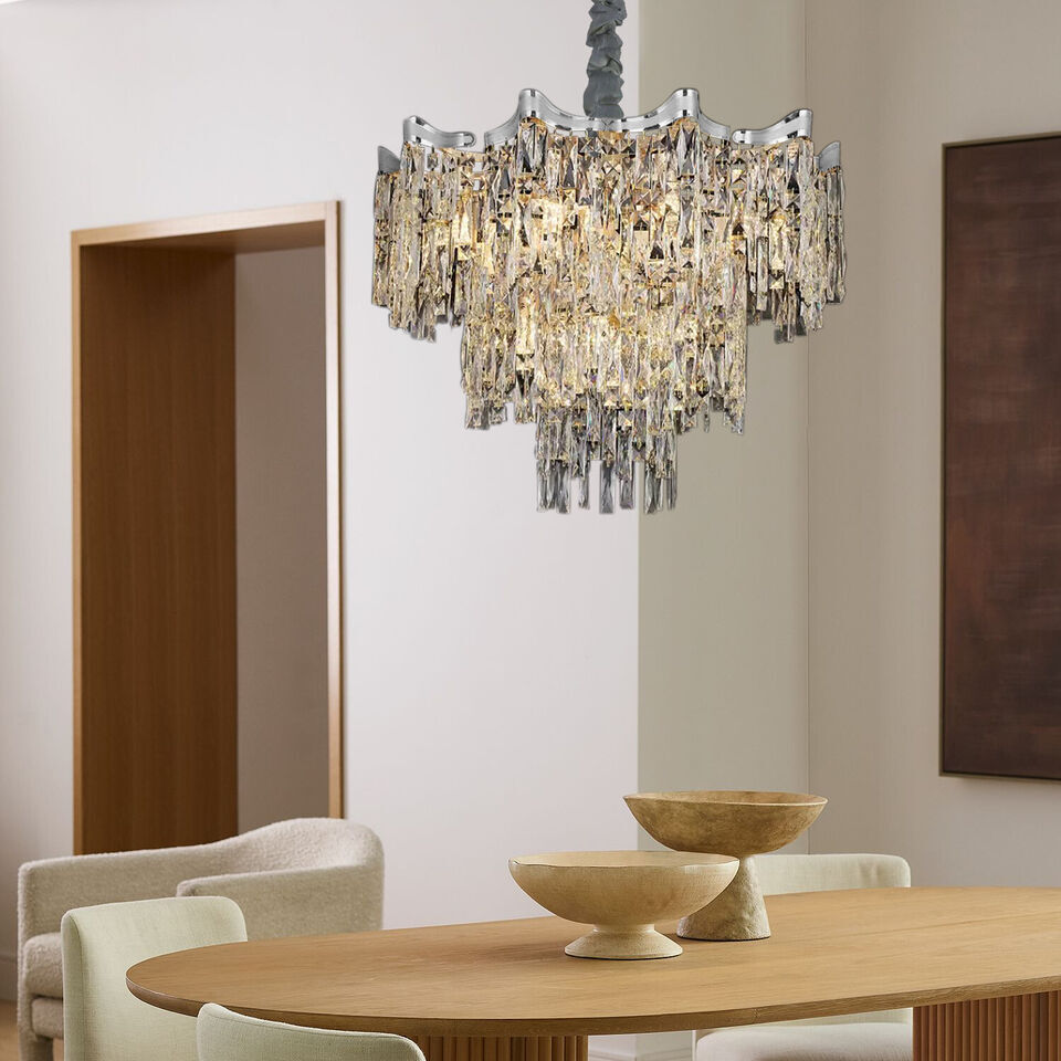 Maison Ornate Dimmable LED Industrial Crystal Chrome Metal Lustre chandelier sparkling with modern elegance.