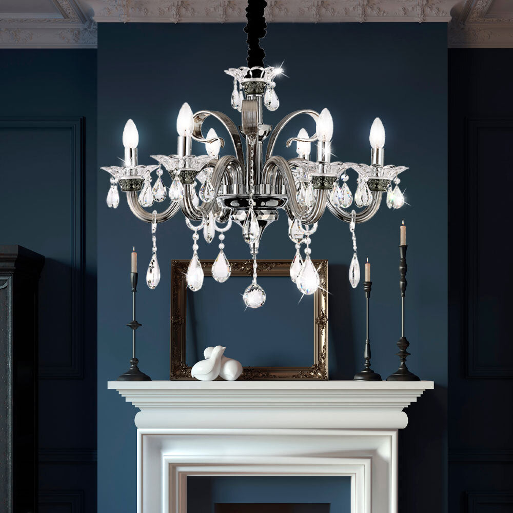 Maison Ornate Crystal Chandelier features classic chrome design with 6 lights, elegant and luxurious.