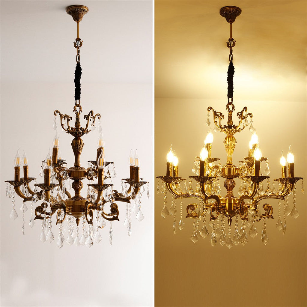 Split image of Maison Ornate Antique Crystal Chandelier, brass structure, 12 arms; unlit and illuminated.
