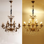 Split image of Maison Ornate Antique Crystal Chandelier, brass structure, 12 arms; unlit and illuminated.