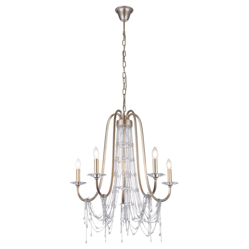 Ornate gold metal chandelier with six candle bulbs, curved arms, crystals, and adjustable chain.