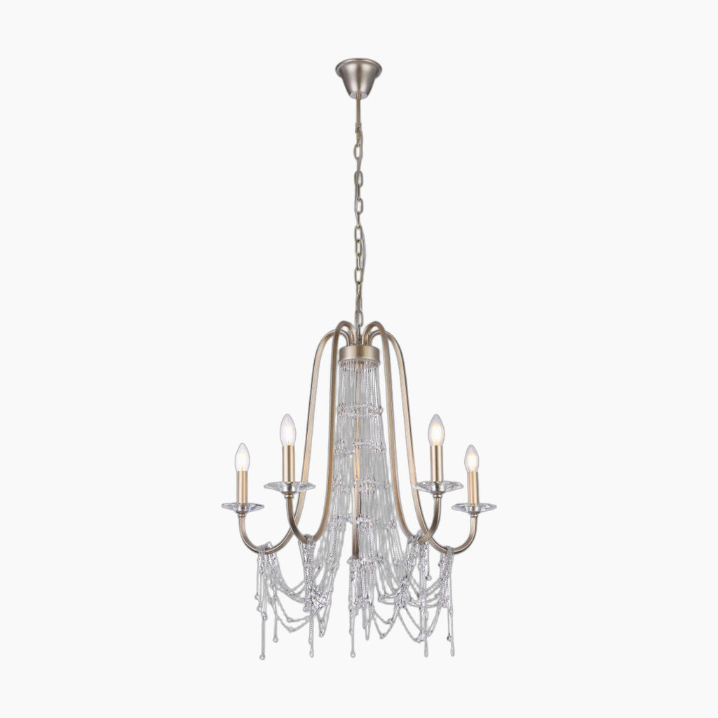 Elegant gold metal chandelier with six candle bulbs and crystal beads, hanging by adjustable chain.
